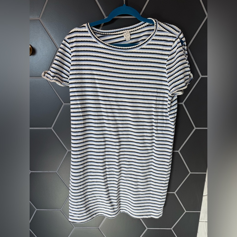 Loft Beach Textured Light Blue, White, and Black Striped Dress